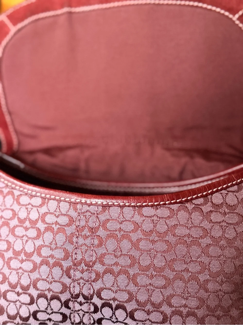 Coach Burgundy Signature Monogram Crossbody Bag with Red Leather Trim
